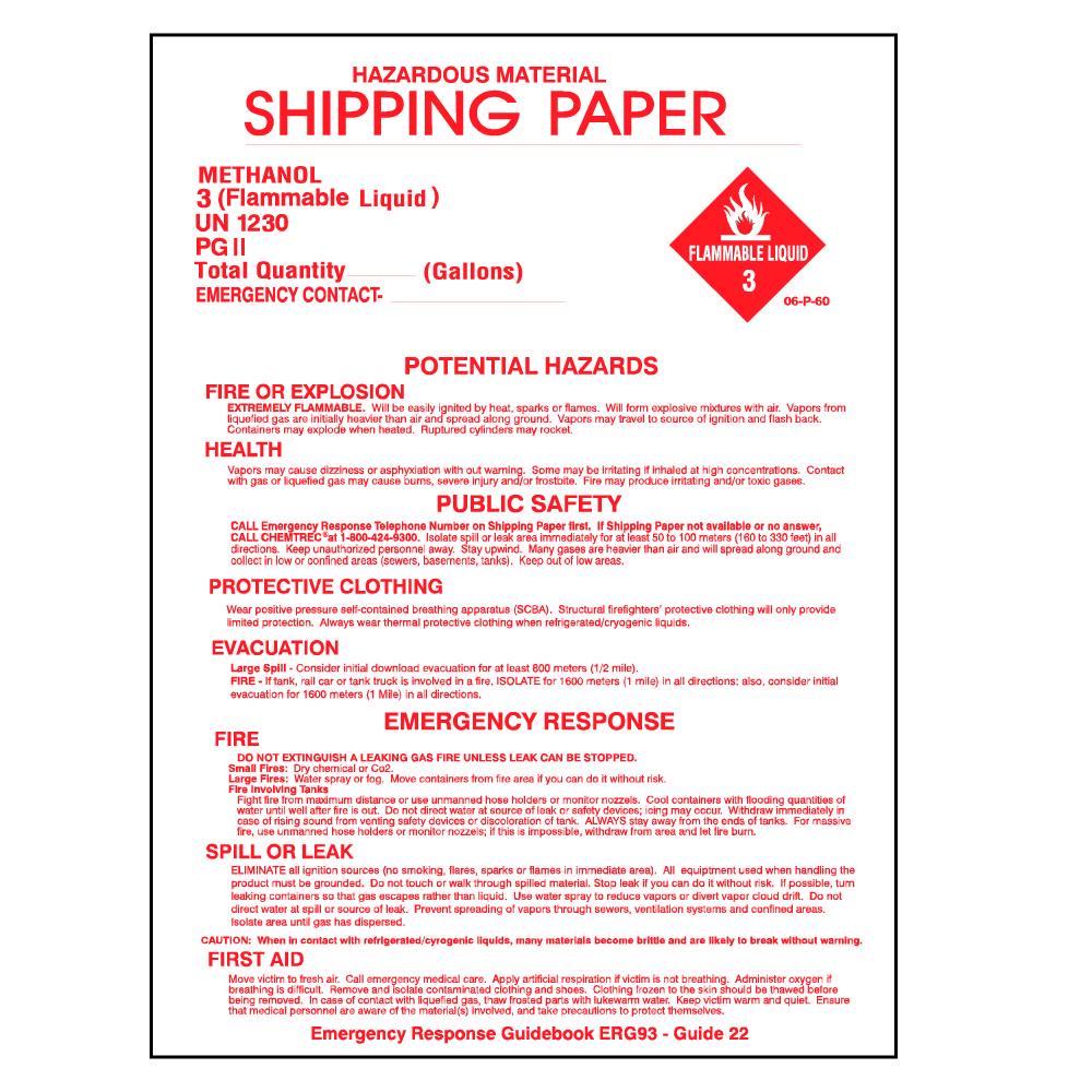 Shipping Paper/Methanol 7 X 9
